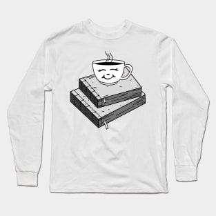 Cute Black and White Coffee Sitting on Books Long Sleeve T-Shirt